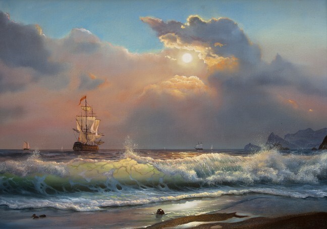 Oil painting on canvas - Sailing ships at sea